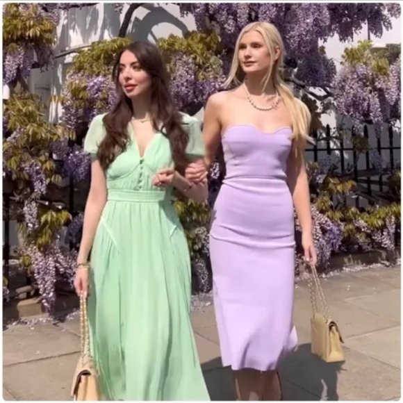 Zara Knit Lilac Bandage Corset Dress Purple Fitted Sweetheart Knee Strapless M - Picture 12 of 16